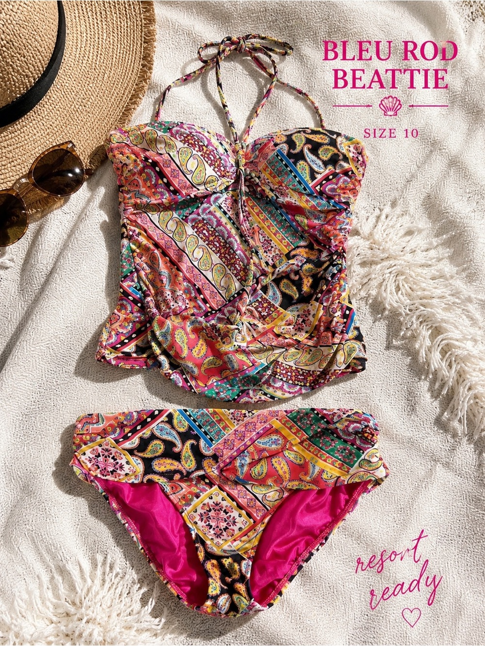 Bleu Rod Beattie Patchwork Paisley Bikini Resort Swim Set Sz 10